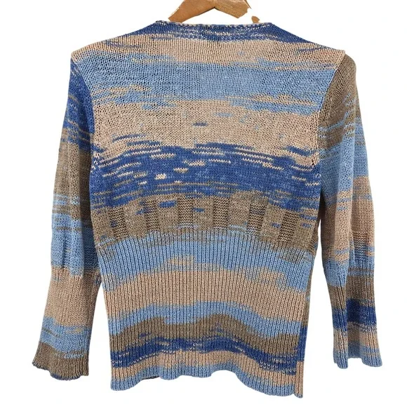 Orvis Cardigan Sweater Womens L Blue Tan Space Dye Knit Button Front Coastal - Picture 2 of 8